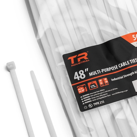 Tr Industrial Cable Tie, 48 in L, Natural, Nylon 6/6, 175 lb Strength, 50 PK TR88308N